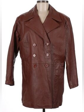 Vintage Roaman’s Coffee Brown Double-Breasted Leather Trench Coat Jacket A6